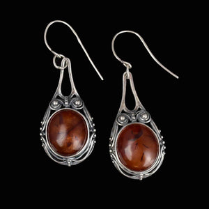 Arts and Crafts Style Silver Scroll Natural Amber Drop Earrings - Boylerpf