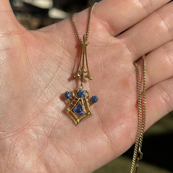 10K Gold Art Nouveau Blue Sapphire Lavalier Pendant Necklace
