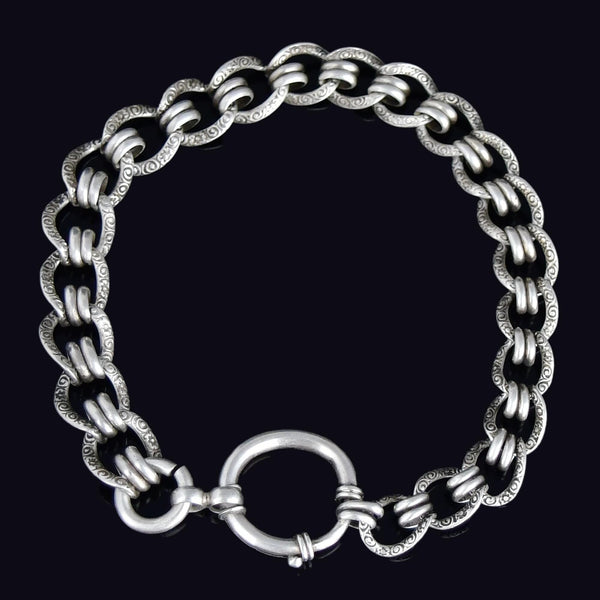 Antique Ornate Silver Bolt Clasp Mens Chain Bracelet - Boylerpf