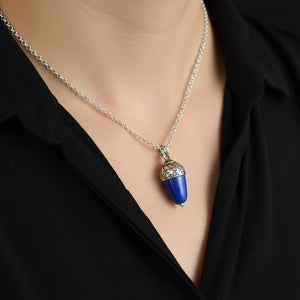 Vintage Sterling Silver Lapis Lazuli Acorn Charm Pendant Necklace - Boylerpf