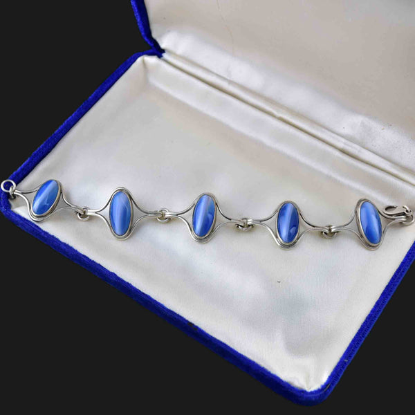 Silver Blue Banded Agate Cabochon Link Bracelet - Boylerpf