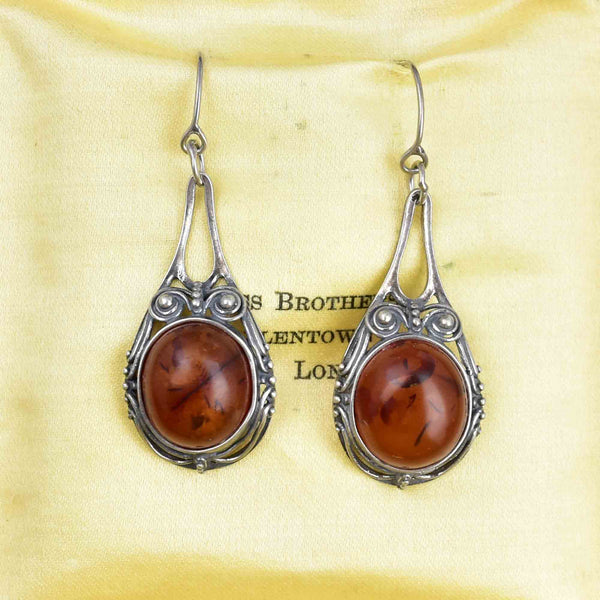 Arts and Crafts Style Silver Scroll Natural Amber Drop Earrings - Boylerpf