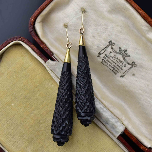 Antique Victorian Gold Carved Whitby Jet Earrings - Boylerpf