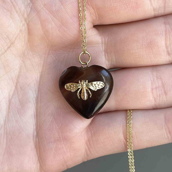 Vintage Bee Banded Agate Heart Pendant Necklace - Boylerpf