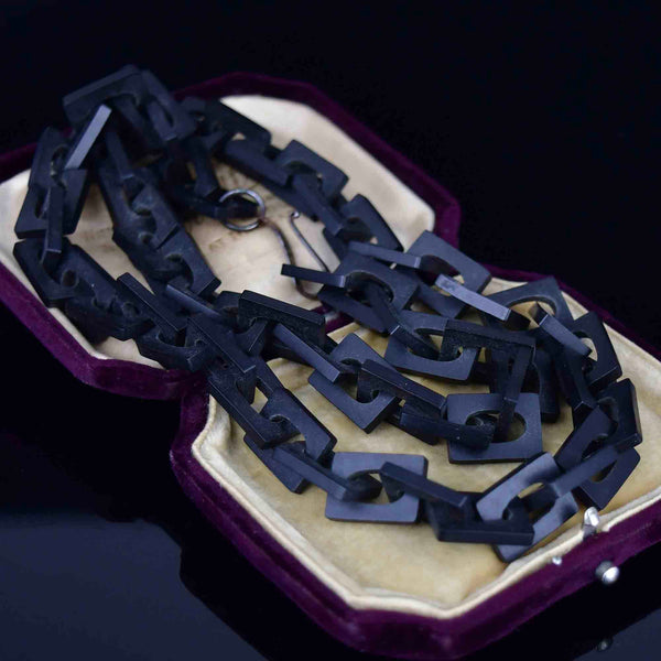 Victorian Long Chain Link Black Vulcanite Necklace - Boylerpf