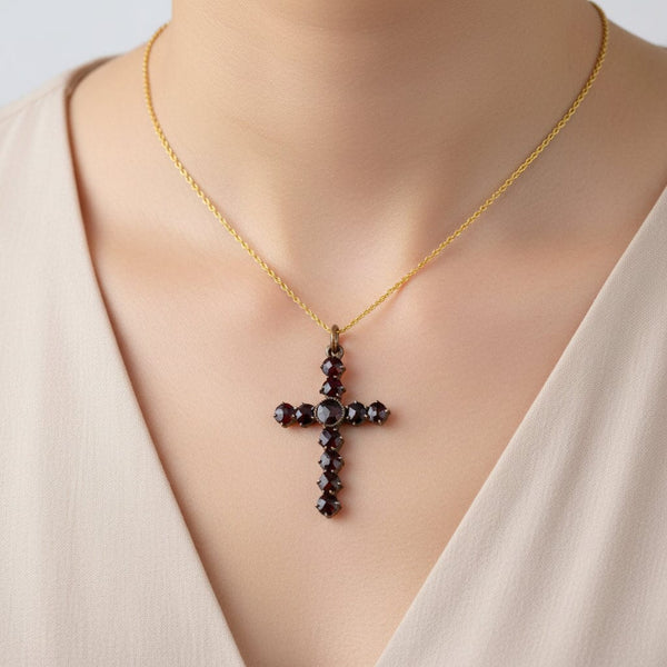 Vintage Gold Garnet Cross Pendant Necklace - Boylerpf