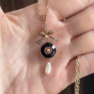Art Deco 10K Gold Diamond Onyx Pearl Pendant Necklace - Boylerpf