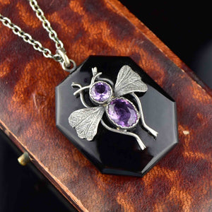 French Jet Silver Amethyst Bug Locket Necklace - Boylerpf