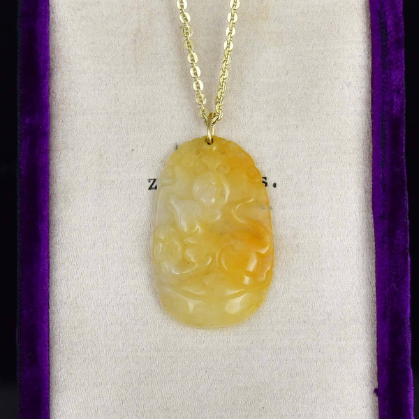 Vintage Gold Carved Yellow Jade Year of The Rat Necklace
