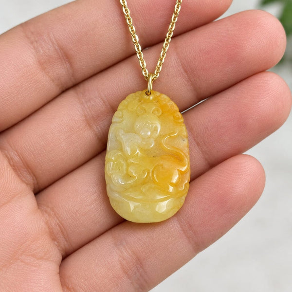 Vintage Gold Carved Yellow Jade Year of The Rat Necklace
