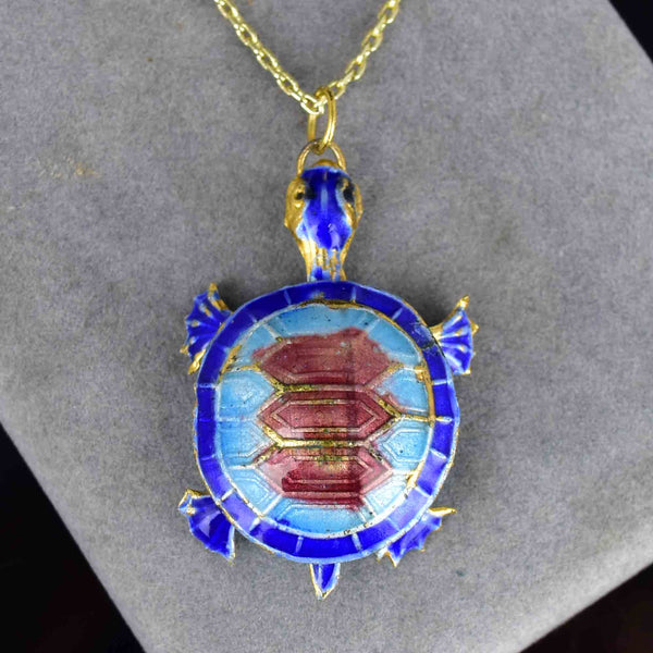 Vintage Blue Enamel Articulated Turtle Pendant Necklace - Boylerpf