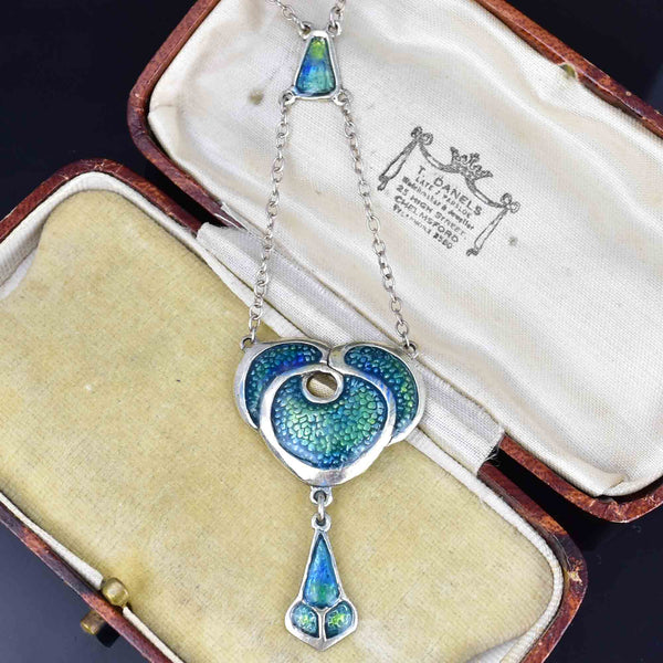 Vintage Art Nouveau Style Silver Enamel Drop Pendant Necklace - Boylerpf