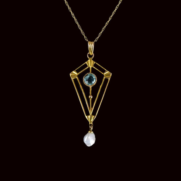 Art Nouveau Gold Pearl Blue Tourmaline Lavaliere Necklace - Boylerpf