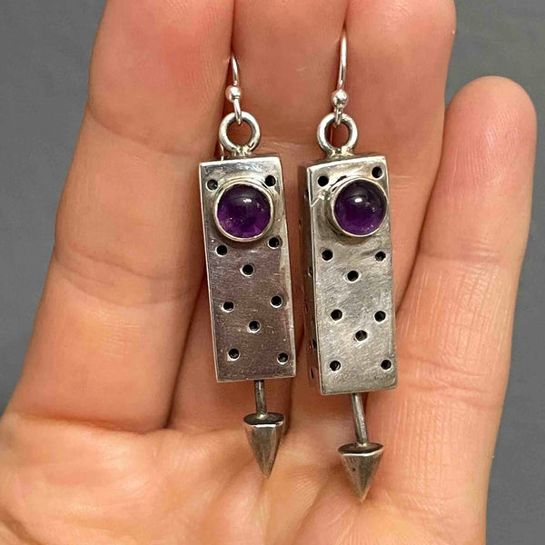 Vintage Geometric Silver Amethyst Cabochon Drop Earrings - Boylerpf