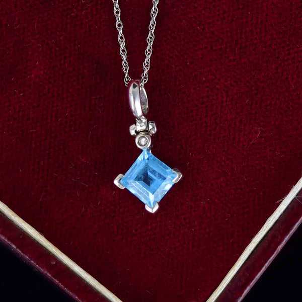 Vintage 10K White Gold Diamond Blue Topaz Pendant Necklace - Boylerpf