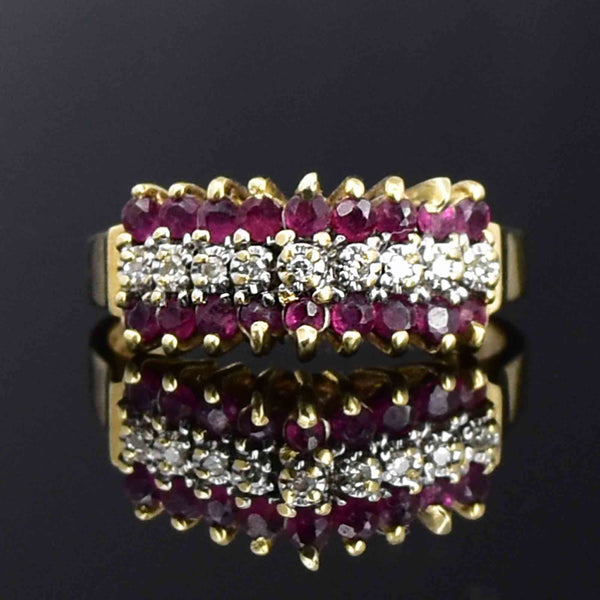 Vintage Arched 10K Gold Diamond Ruby Cluster Ring - Boylerpf