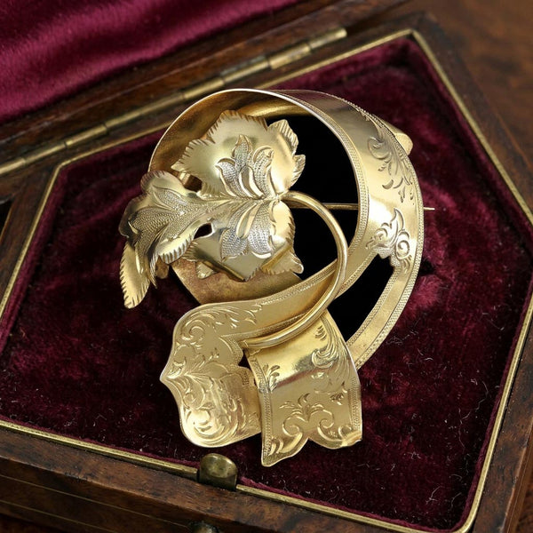 Antique Victorian Gold Gilt Silver Leaf Brooch, 1885 Swedish