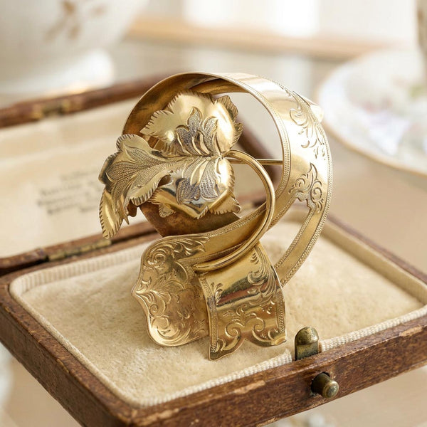 Antique Victorian Gold Gilt Silver Leaf Brooch, 1885 Swedish