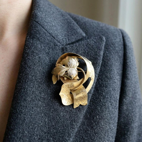 Antique Victorian Gold Gilt Silver Leaf Brooch, 1885 Swedish
