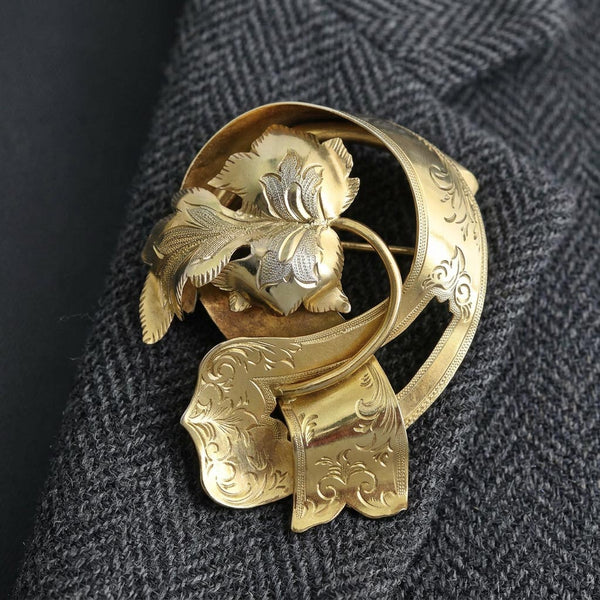 Antique Victorian Gold Gilt Silver Leaf Brooch, 1885 Swedish