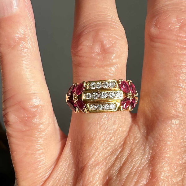 18K Gold Three Row Diamond Marquise Ruby Ring, 1940s - Boylerpf