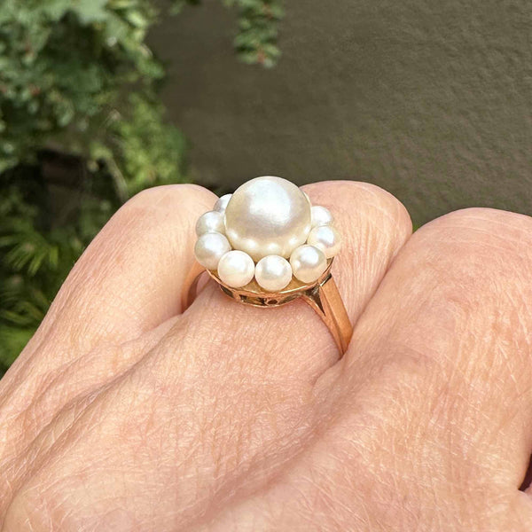 Exceptional 18K Gold Halo Cluster Pearl Ring - Boylerpf