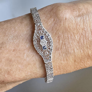 Art Deco 14K White Gold Filigree Sapphire Diamond Bracelet - Boylerpf