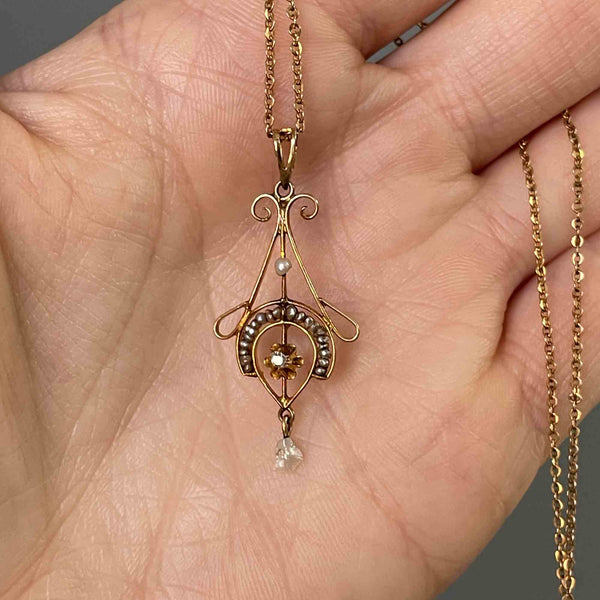 Antique 10K Gold Diamond Pearl Lavalier Necklace - Boylerpf