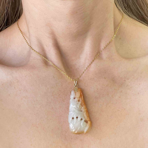 14K Gold Carved White and Red Jade Pendant Necklace - Boylerpf