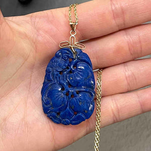 Vintage 14K Gold Carved Lapis Lazuli Flower Pendant Necklace - Boylerpf