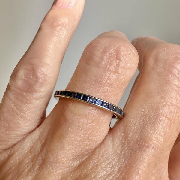 Art Deco 14K White Gold Calibre Cut Sapphire Band Ring - Boylerpf