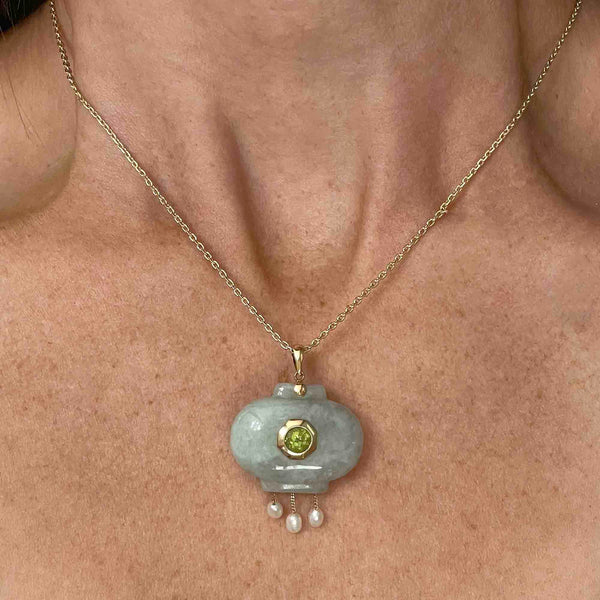 Vintage 14K Gold Carved Jade Peridot Pearl Pendant Necklace - Boylerpf