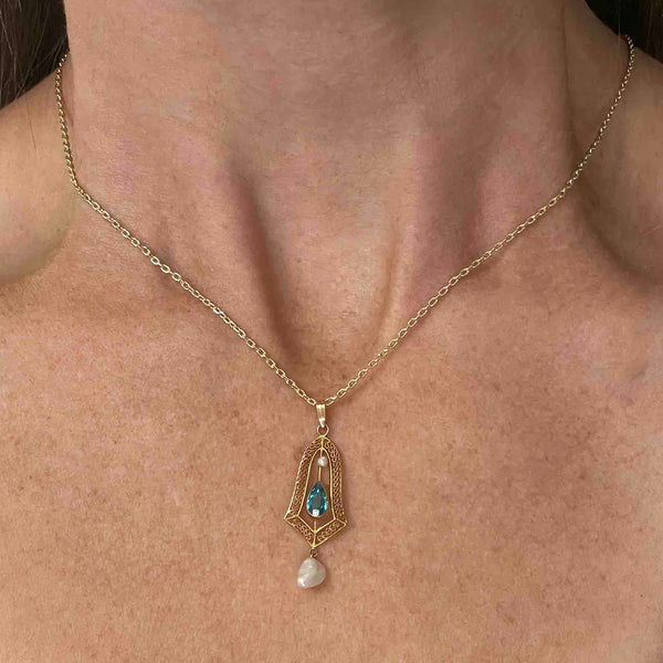 Vintage 10K Gold Aquamarine Pearl Lavaliere Necklace - Boylerpf