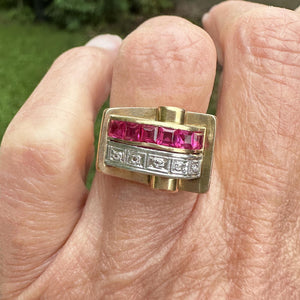Retro 1940s 18K Gold Diamond Ruby Tank Ring - Boylerpf