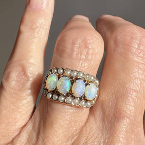 Antique Victorian 14K Gold Pearl Halo Opal Ring, East West - Boylerpf