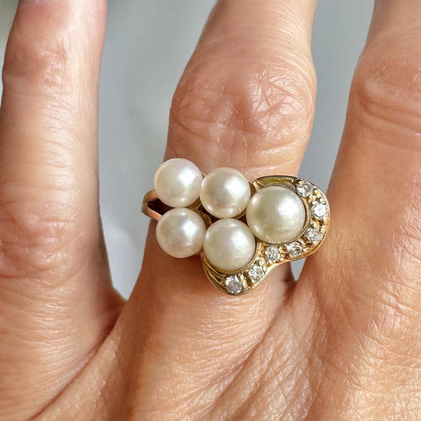 Mid Century Gold Diamond Pearl Cluster Cocktail Ring - Boylerpf