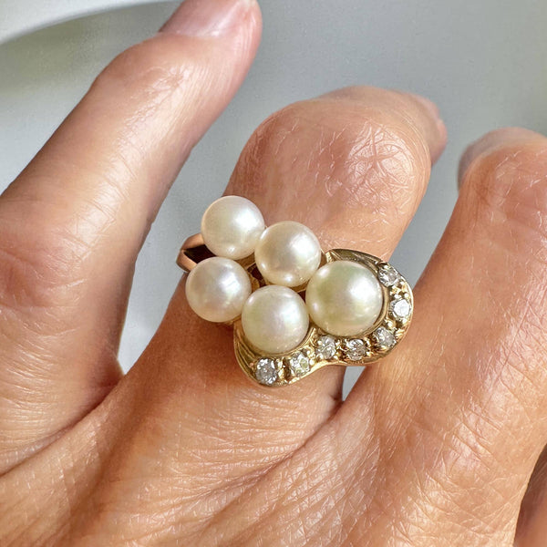 Mid Century Gold Diamond Pearl Cluster Cocktail Ring - Boylerpf