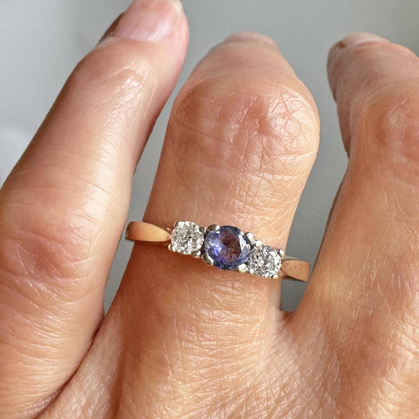 Vintage 14K Gold Three Stone Diamond Tanzanite Ring - Boylerpf