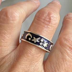 Silver Blue Enamel Star and Moon Ring Band - Boylerpf