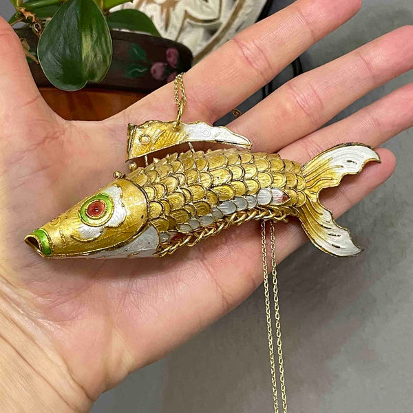 Vintage Articulated Gold Vermeil Yellow Enamel Koi Fish Necklace - Boylerpf