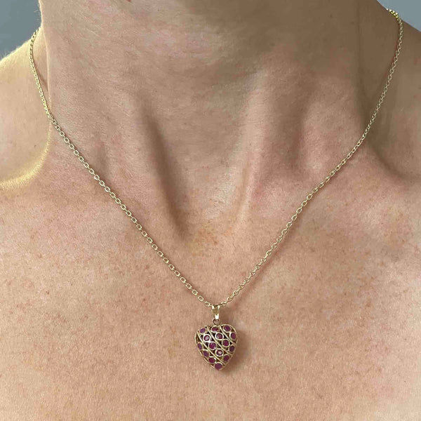 Vintage 14K Gold Filigree Ruby Sapphire Heart Pendant Necklace - Boylerpf