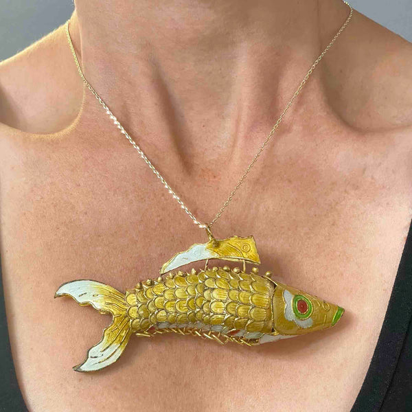 Vintage Articulated Gold Vermeil Yellow Enamel Koi Fish Necklace - Boylerpf