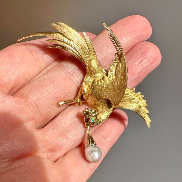 Exquisite French 18K Gold Bird of Paradise Brooch, Opal & Pearl