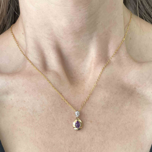 Vintage 14K Gold Diamond Amethyst Pendant Necklace - Boylerpf