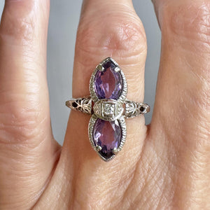 Art Deco 14K White Gold Filigree Diamond Amethyst Ring - Boylerpf