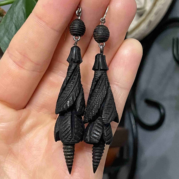 Antique Victorian Irish Bog Oak SnowDrop Flower Mourning Earrings - Boylerpf