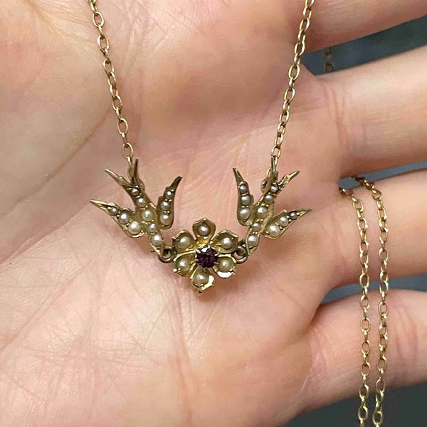 14K Gold Edwardian Amethyst Seed Pearl Swallow Bird Necklace - Boylerpf