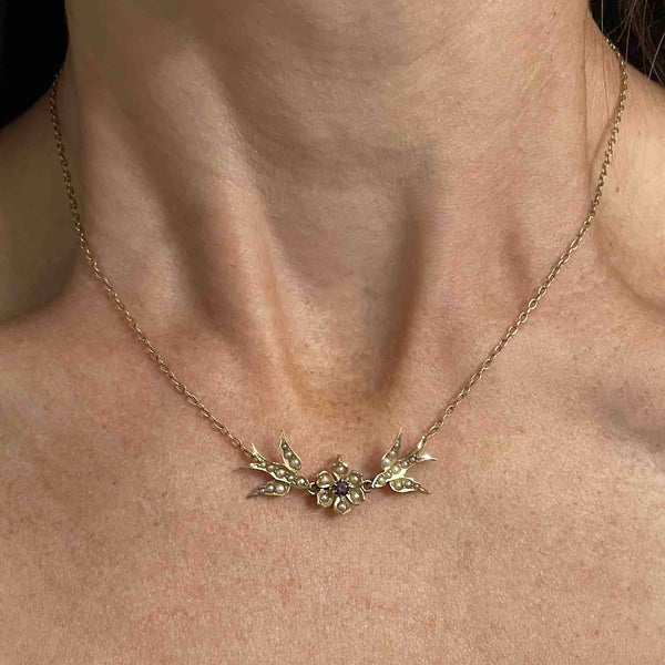 14K Gold Edwardian Amethyst Seed Pearl Swallow Bird Necklace - Boylerpf