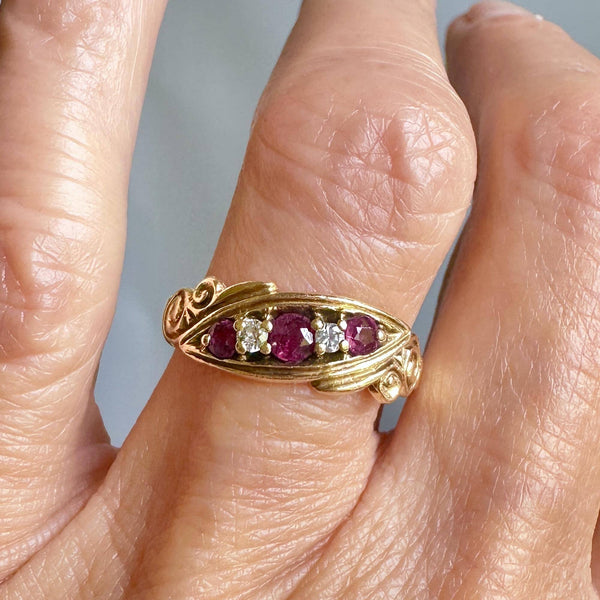 Antique 14K Gold Five Stone Diamond Ruby Ring Band - Boylerpf