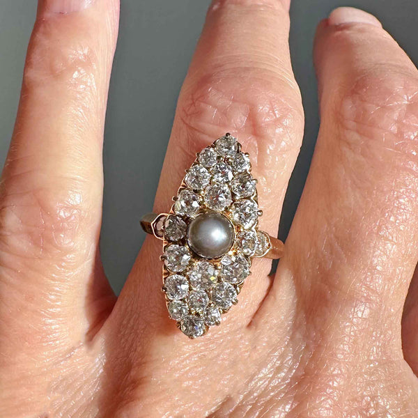 Antique Gray Pearl Mine Cut Diamond Navette Ring in Gold - Boylerpf
